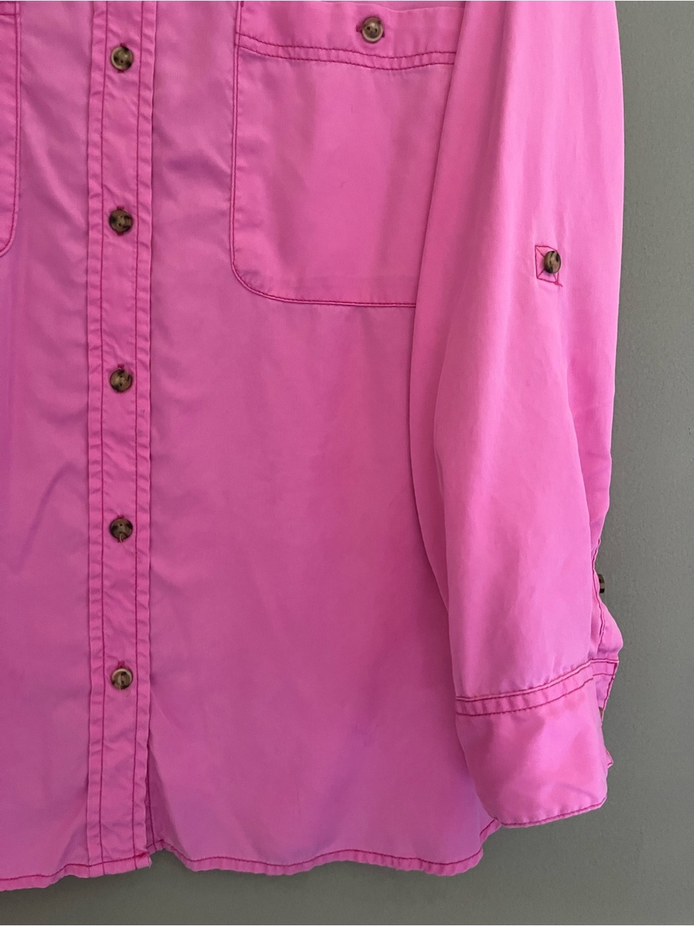 Sanctuary Button-Down Shirt Barbiecore Hot Pink Roll Tab Sleeves Chest Pockets - Picture 3 of 13